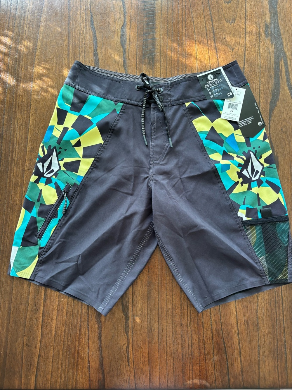 Volcom Men’s Black Swim Board Shorts with Teal & Yellow Geometric Panels